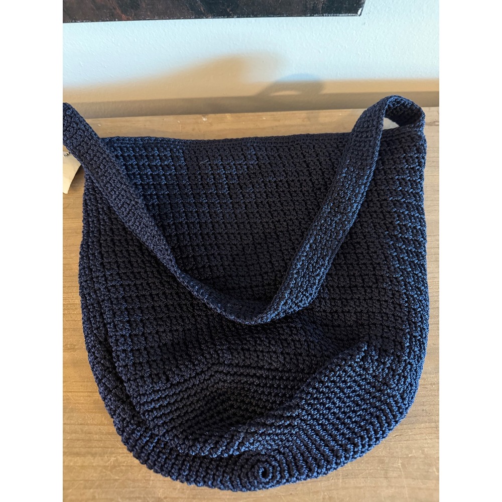 The Sak Navy Blue Crochet Hobo Bag Shoulder Purse Zip Top Boho NWT - Picture 3 of 7